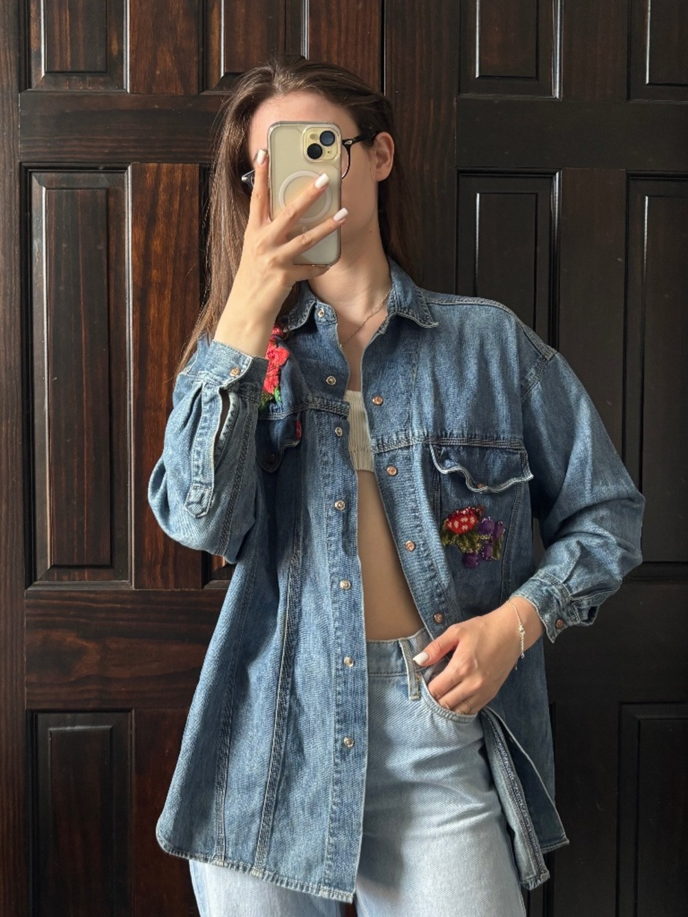 Vintage Levi’s Women S/M Oversized Denim Shirt Jacket Floral Mushroom Embroidere